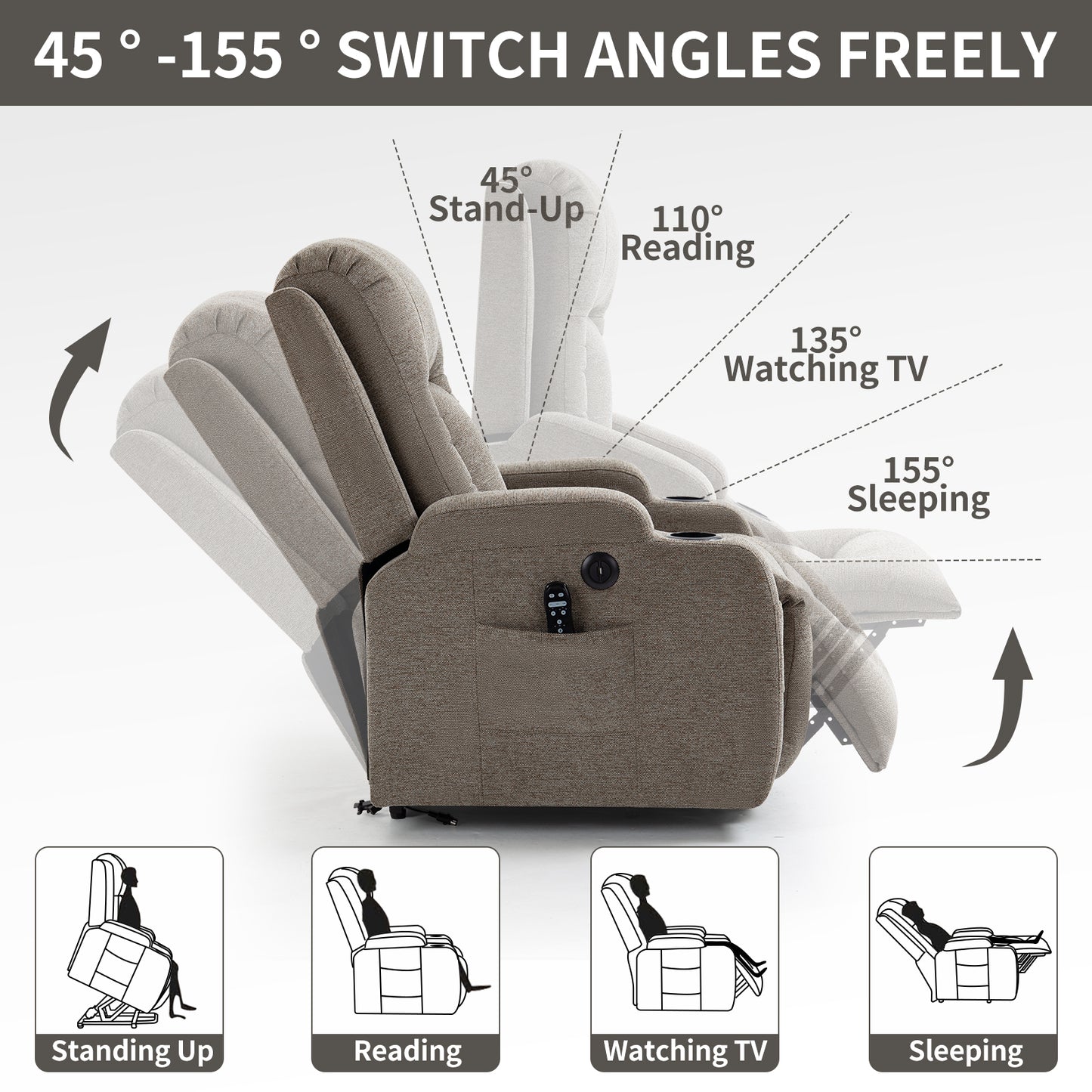 Electric Brown Recliner Chair with Lift, Massage, and Lumbar Heating