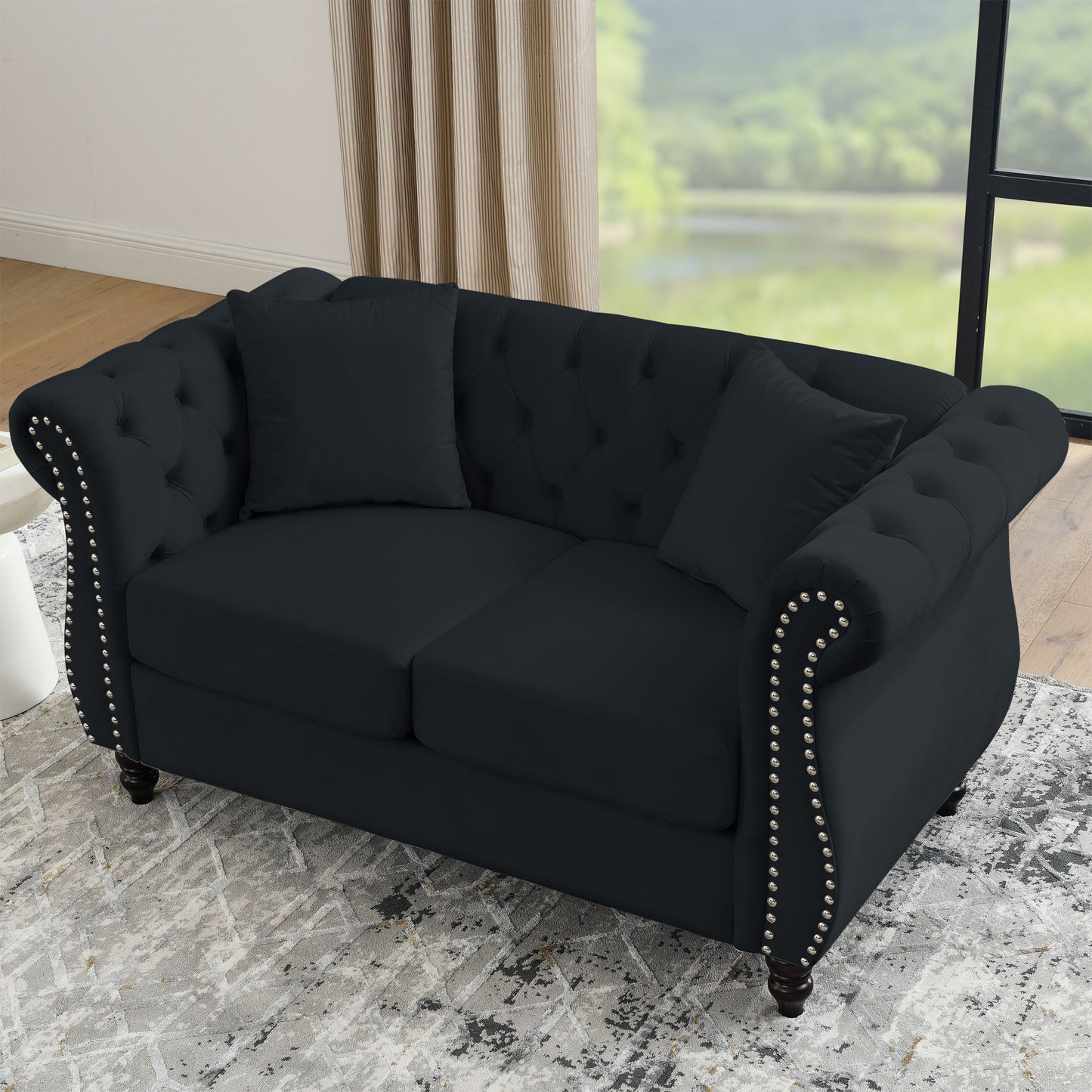 Chesterfield Sofa in Black Velvet with Rolled Arms and Nailhead Trim