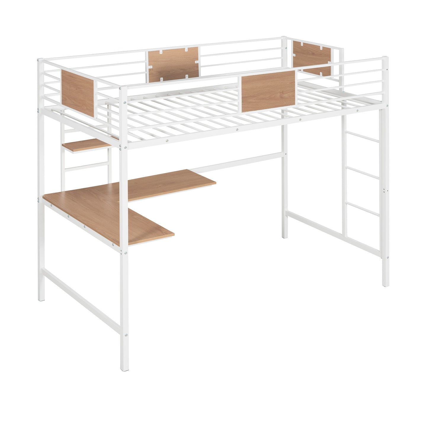 Twin Metal Loft Bed with Desk and Shelve,White