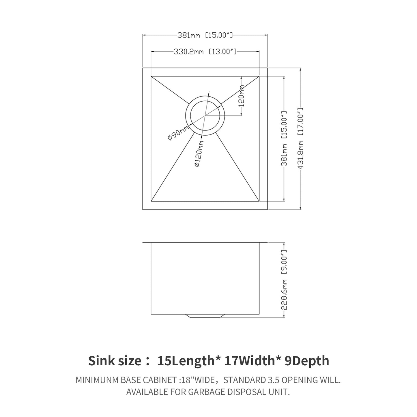 Undermount Stainless Steel Kitchen Sink - 15x17x9 Single Basin with Drainage System