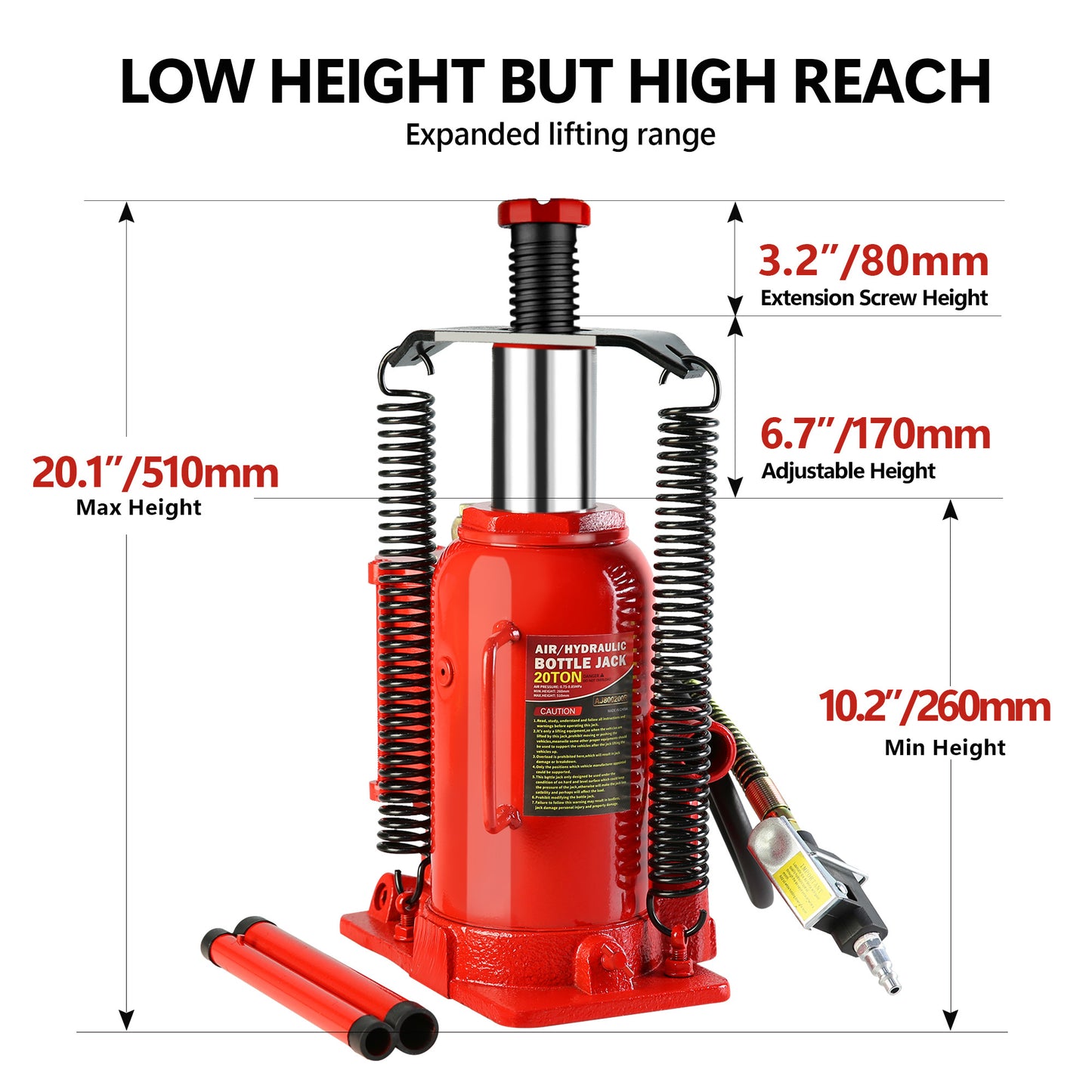 20 Ton Air Hydraulic Bottle Jack with Manual Hand Pump for Automobile and Heavy Equipment Maintenance