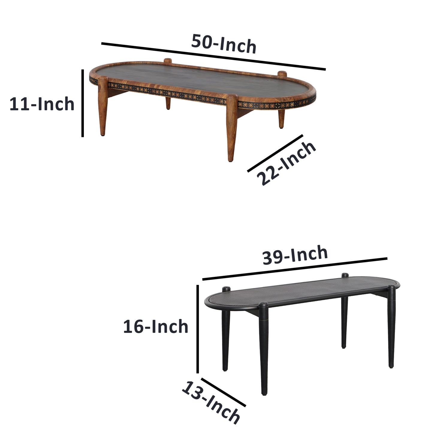 Acacia Wood and Metal Oval Nesting Coffee Table Set, Brown/Black, 50 & 39 Inch