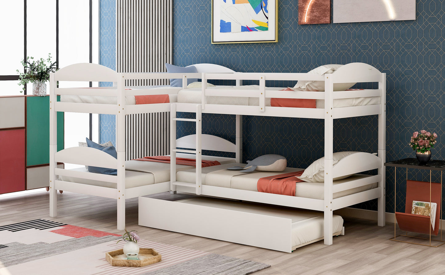 L-Shaped Bunk Bed with Trundle and Three Twin Size Beds