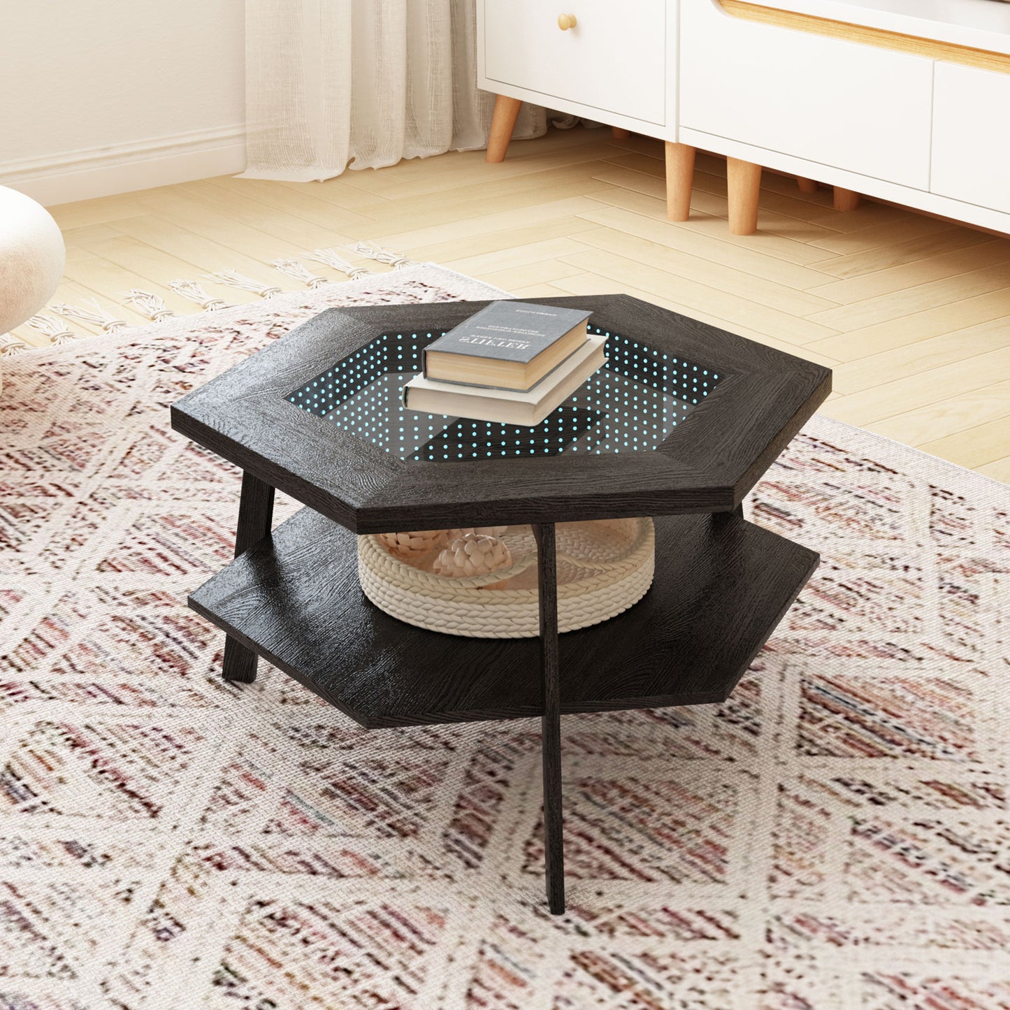 Modern Hexagonal LED Coffee Table with Bluetooth Speakers and Storage