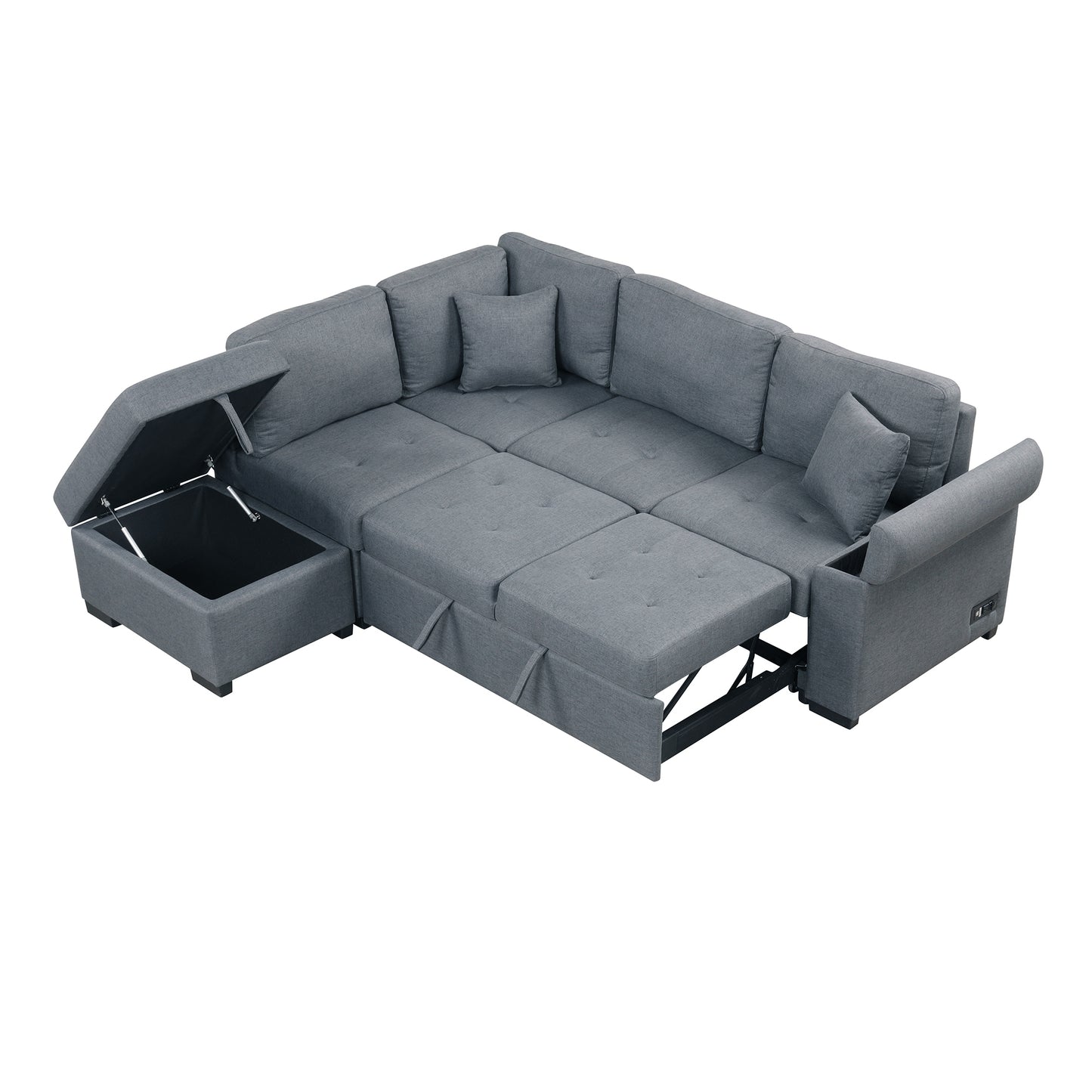 L-Shaped Sleeper Sectional Sofa with Ottoman and USB Charge, Dark Gray