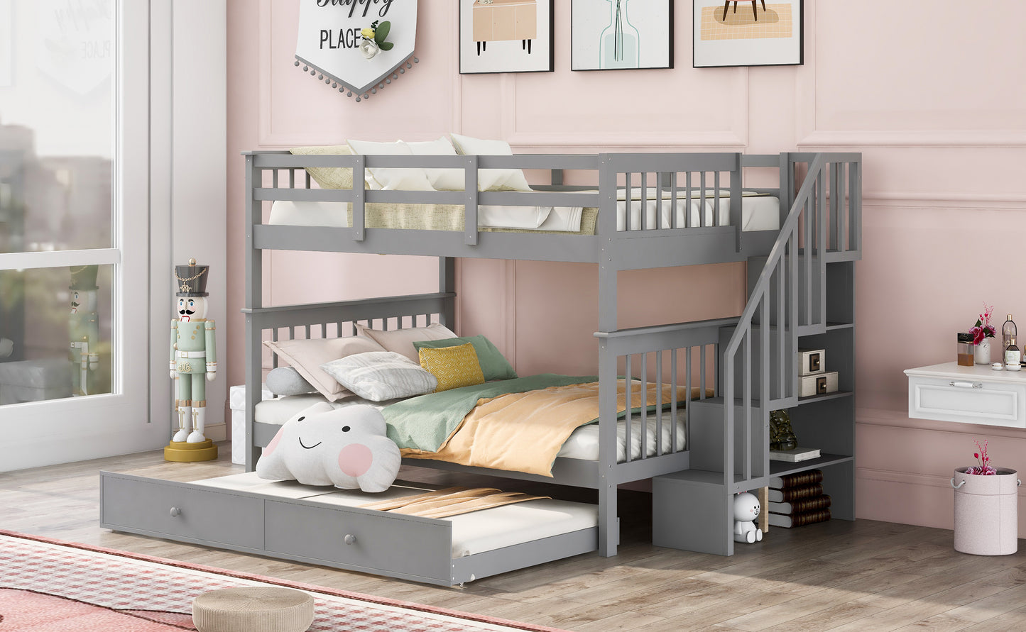 Gray Full-Over-Full Bunk Bed with Twin Trundle and Storage System