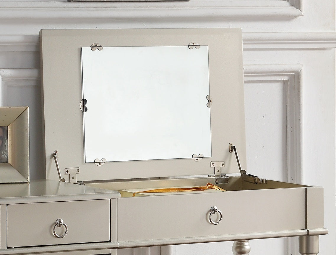 Bedroom Vanity Set w Stool Open Up Mirror Storage Space Drawers Rubber wood Ring Pull Handles Silver Color Vanity