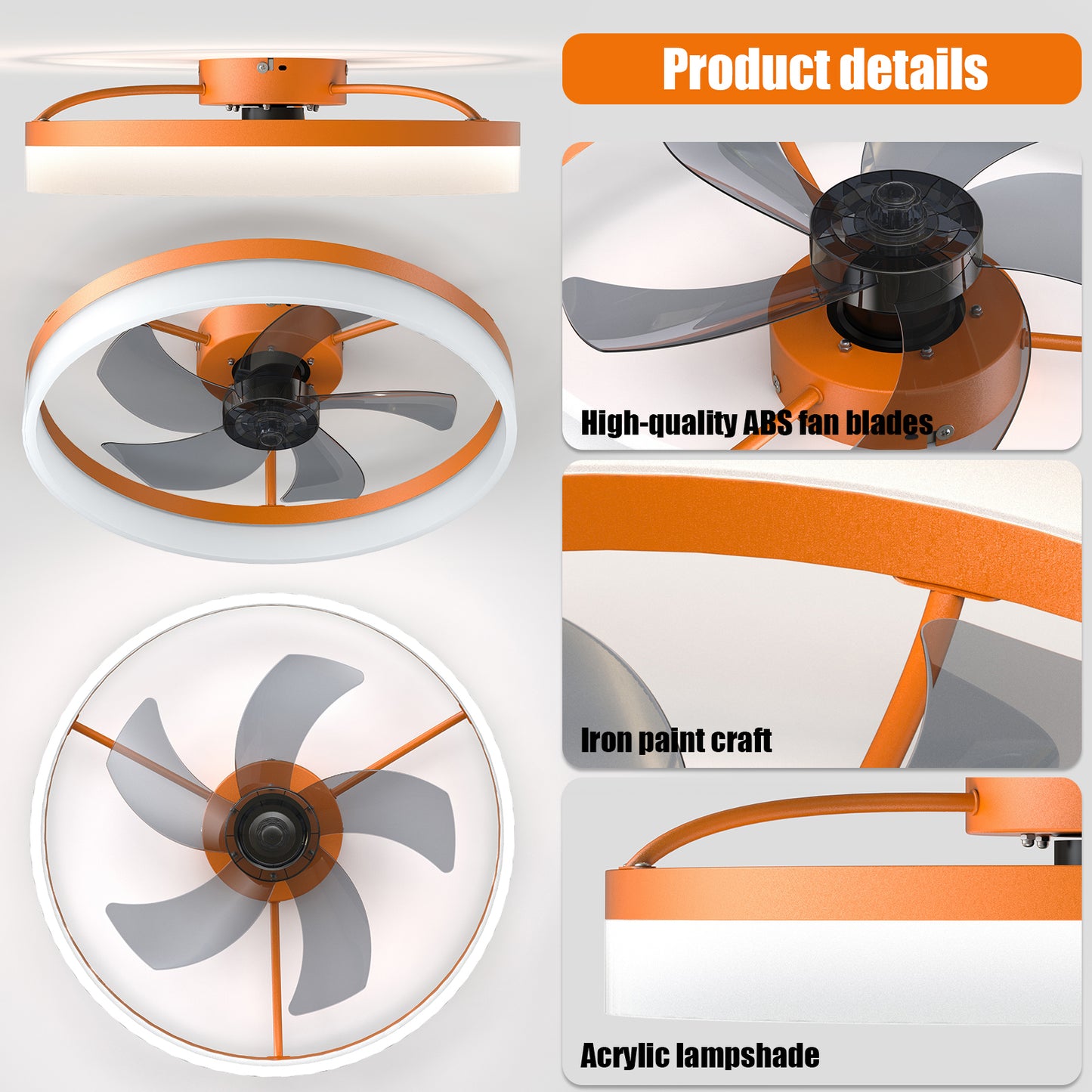 Modern Orange Ceiling Fans with Dimmable LED Lights