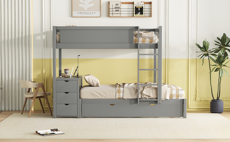 Gray Twin Bunk Bed Set with Trundle, Storage, Desk and USB Ports