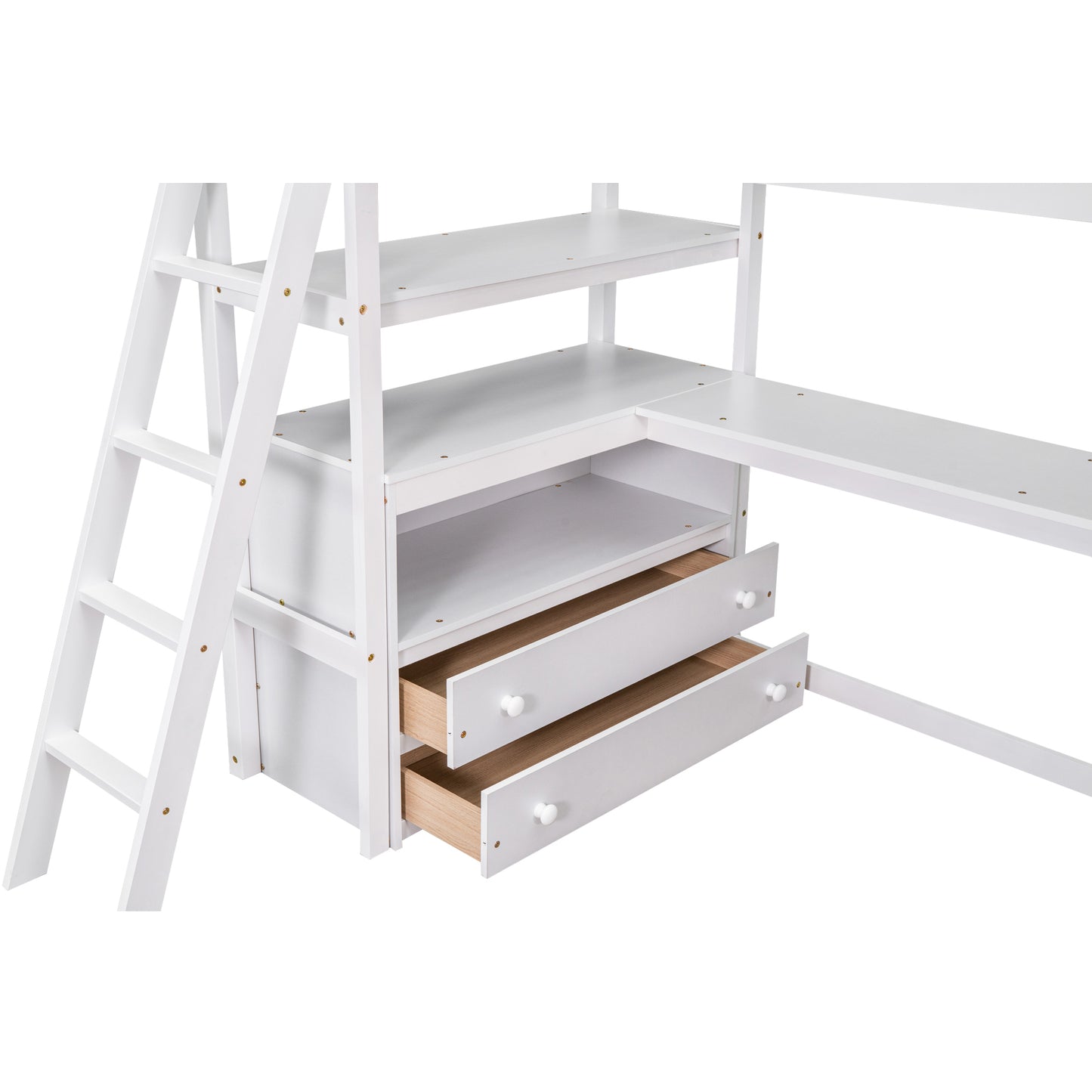 Twin Size Loft Bed with Desk and Shelves, Two Built-in Drawers, White (: GX000803AAK-1)