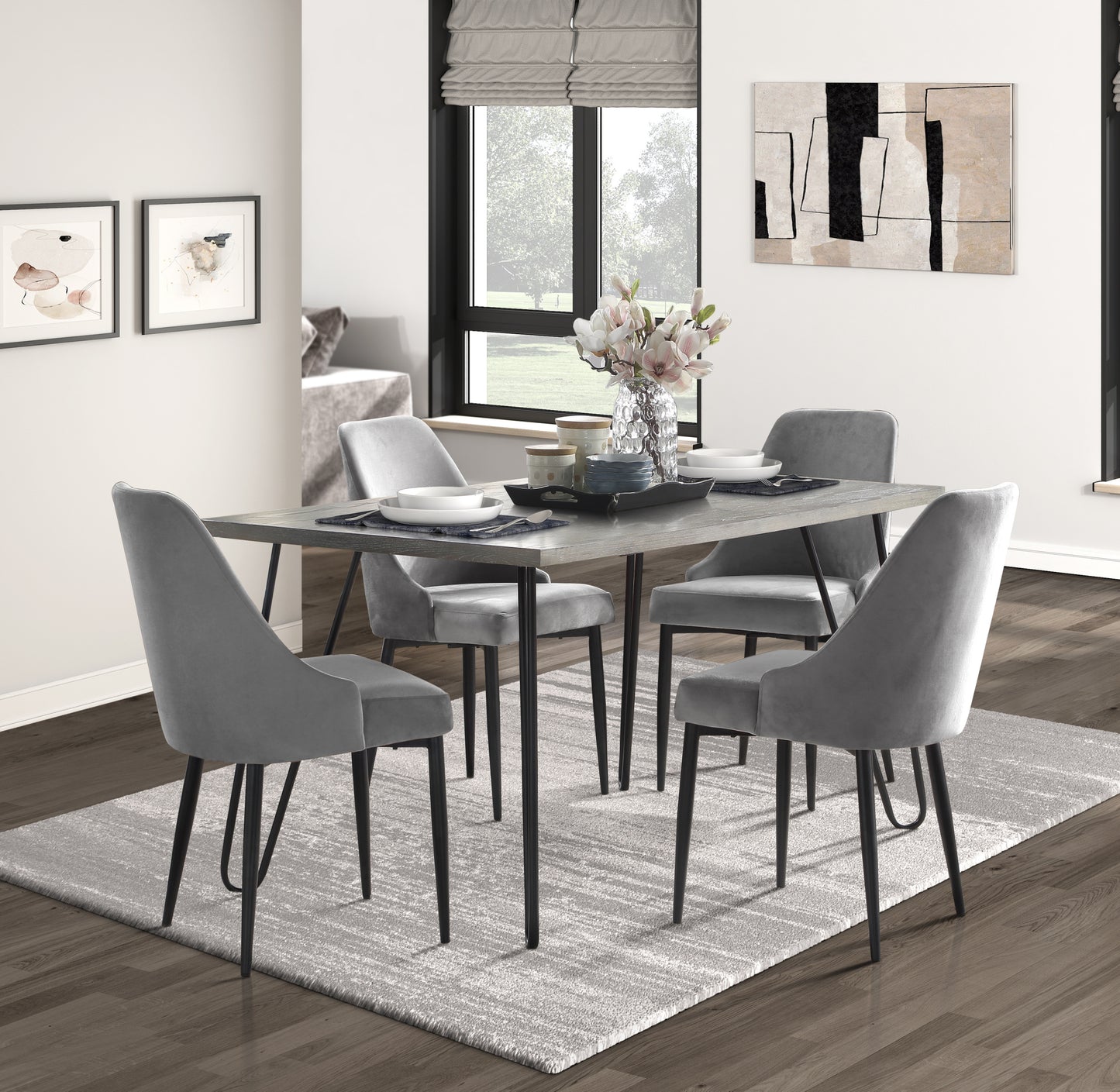 Modern Sleek Design 5pc Dining Set Table and 4x Side Chairs Gray Velvet Casual Metal Frame Stylish Dining Furniture