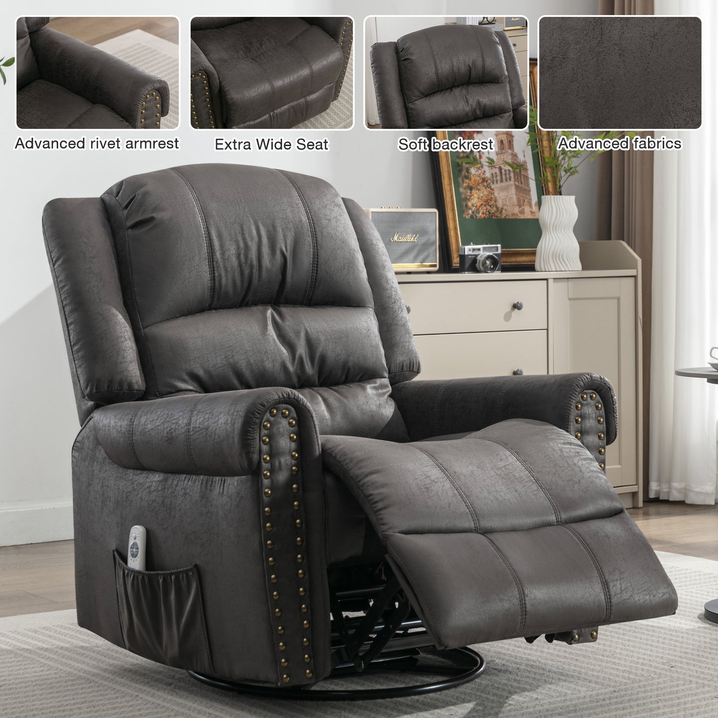 Grey Massage Rocker Recliner Chair with Heating, USB Charge Port, and Vibration Massage