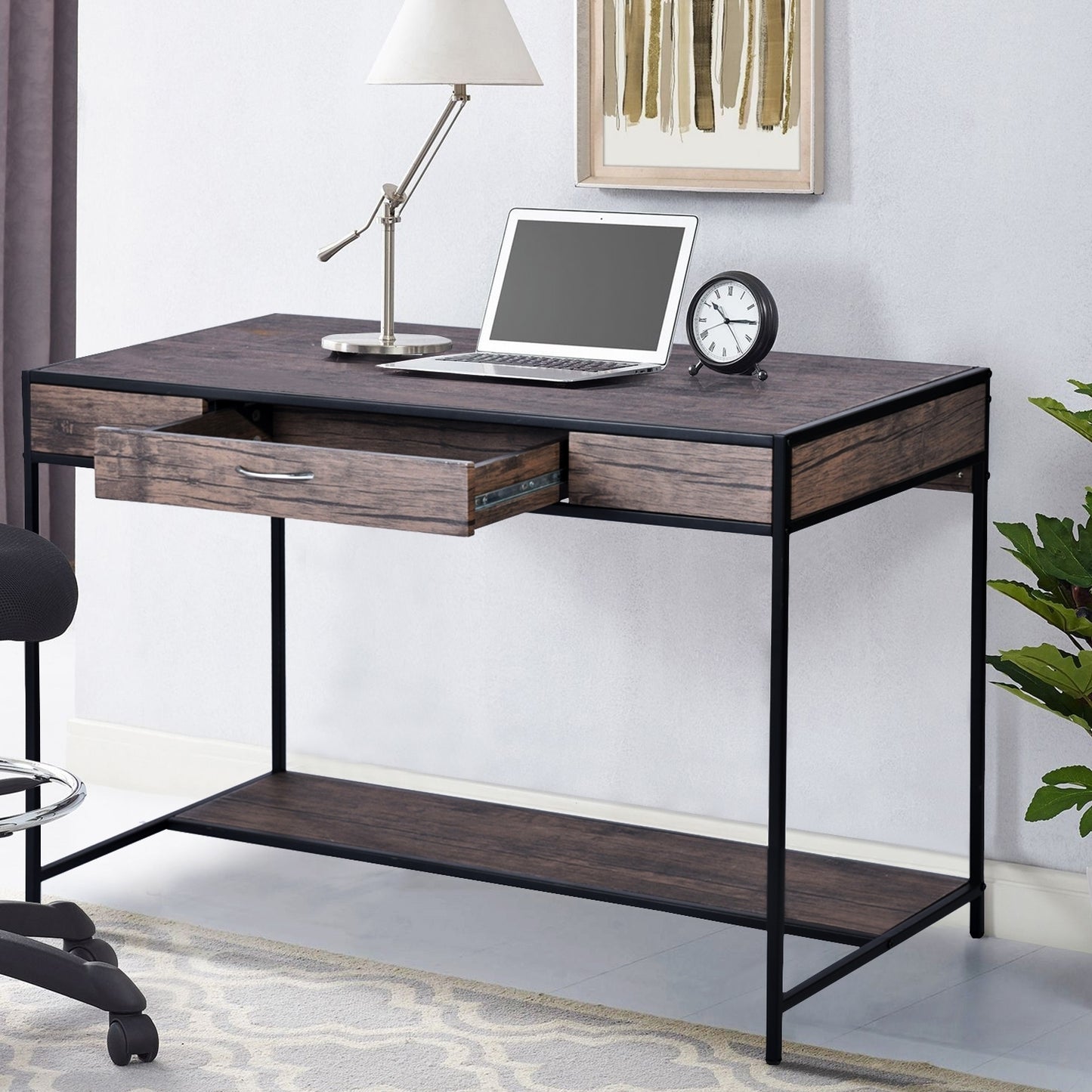 43.3 Rustic Writing Desk with Drawer, Walnut & Black