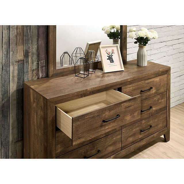 1pc Nightstand Light Walnut Rustic Faux Wood Veneer Wide Black Drawer Pulls Wood Grain Finish