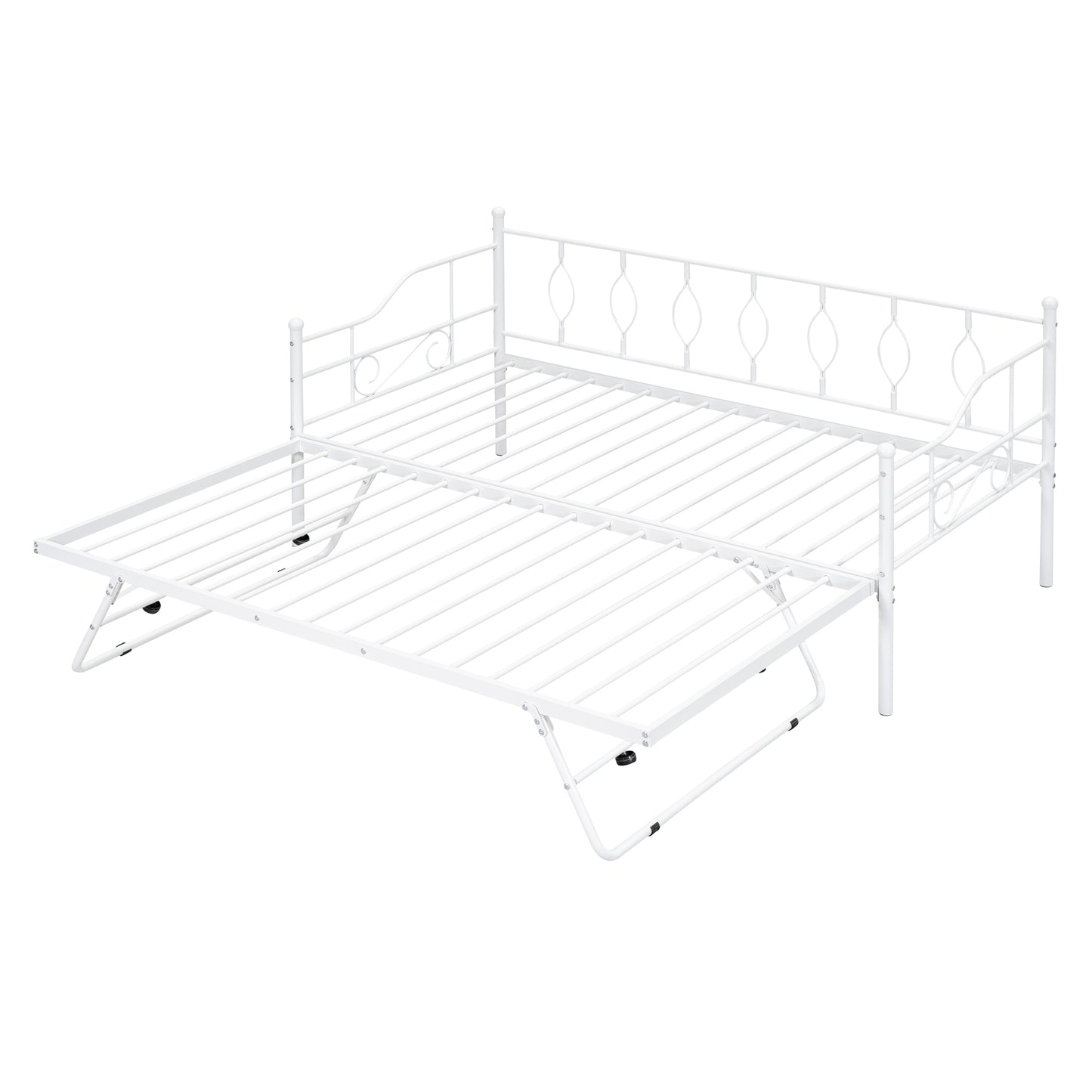 Twin Size Metal Daybed with Twin Size Adjustable Trundle, Portable Folding Trundle, White