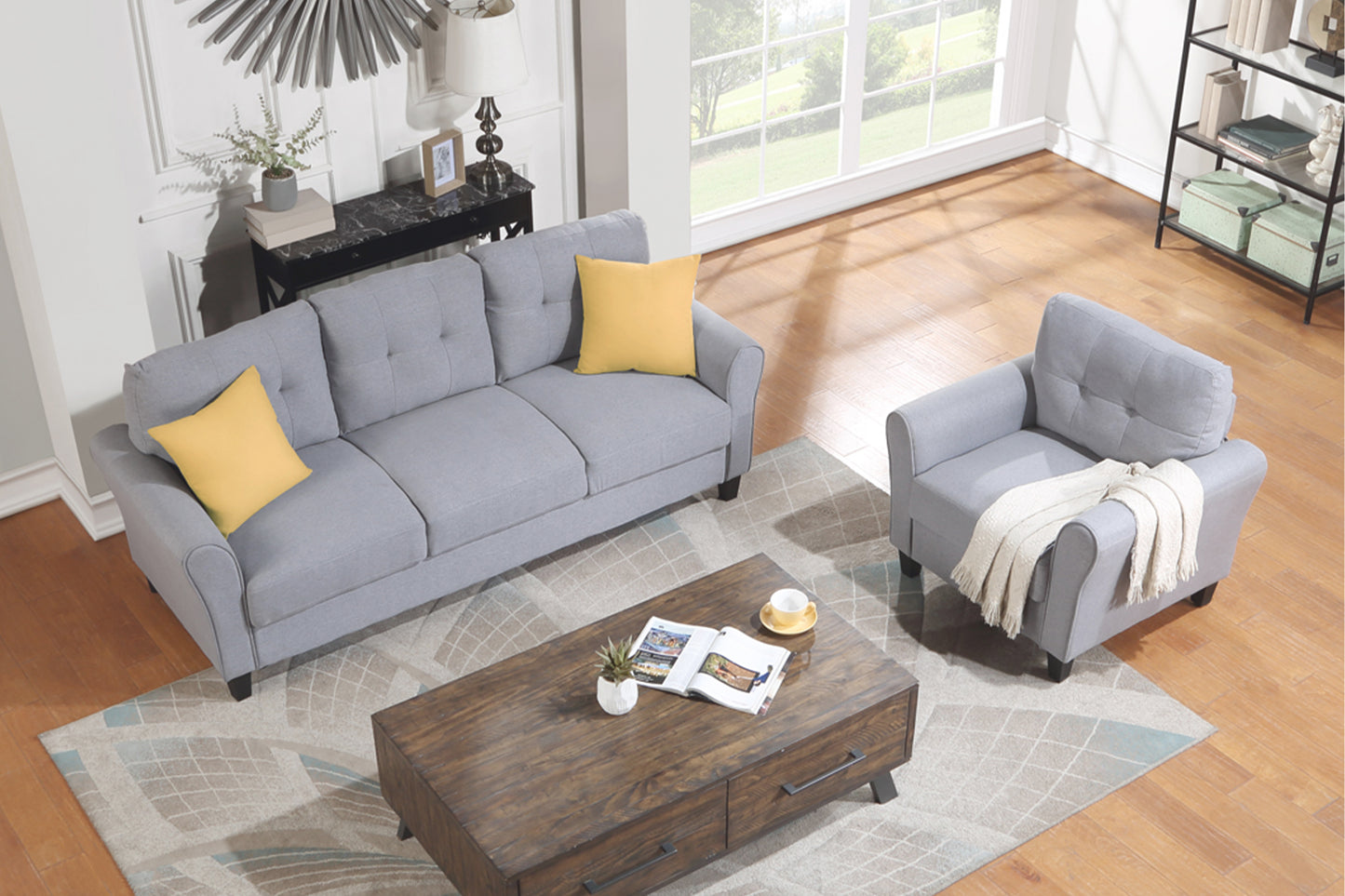 Modern Living Room Sofa Set Linen Upholstered Couch Furniture for Home or Office ,Light Grey-Blue,(1+3-Seat)