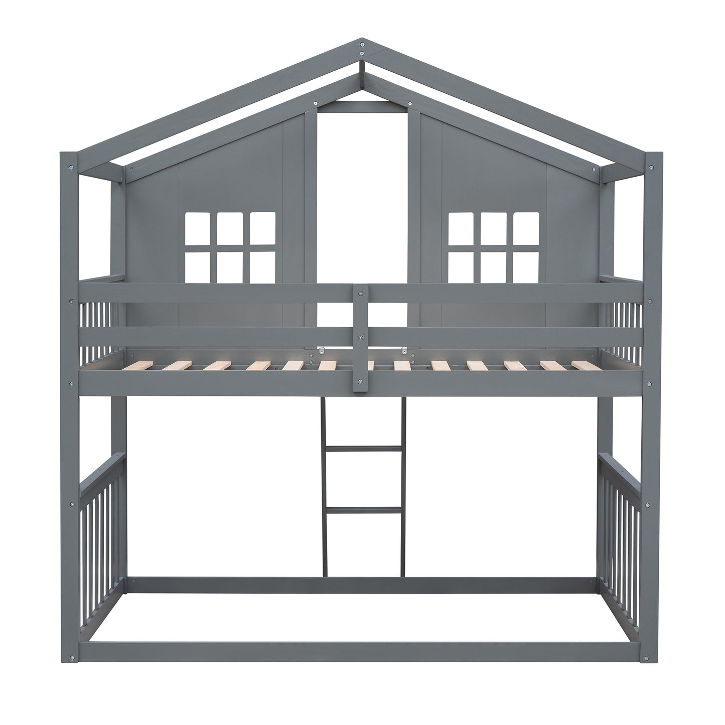 Twin House Bunk Bed with Gray Wood Finish and Ladder