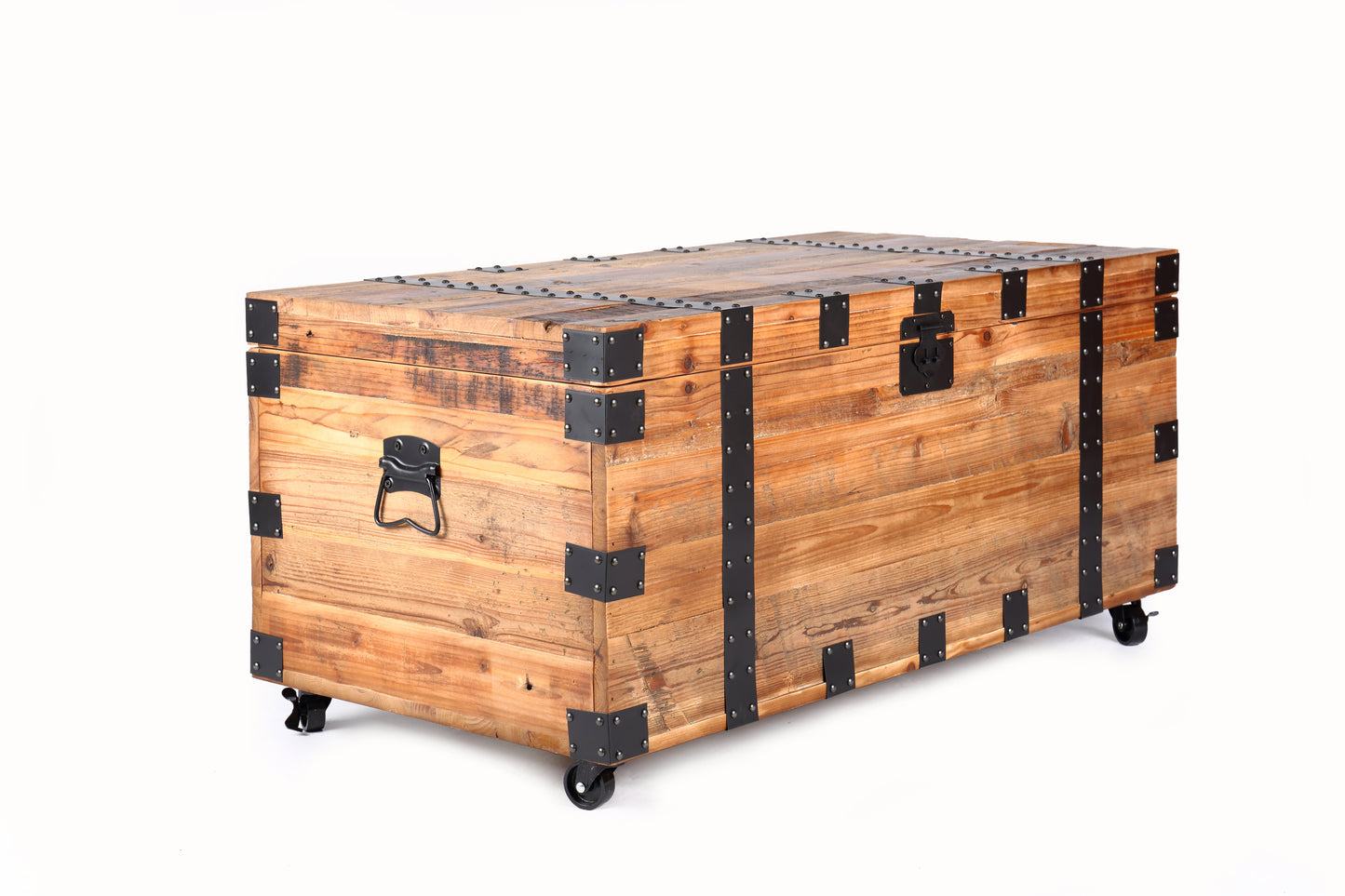 Industrial Charm Trunk Table with Mobility and Abundant Storage Capability, Natural Reclaimed Wood/Black Metal