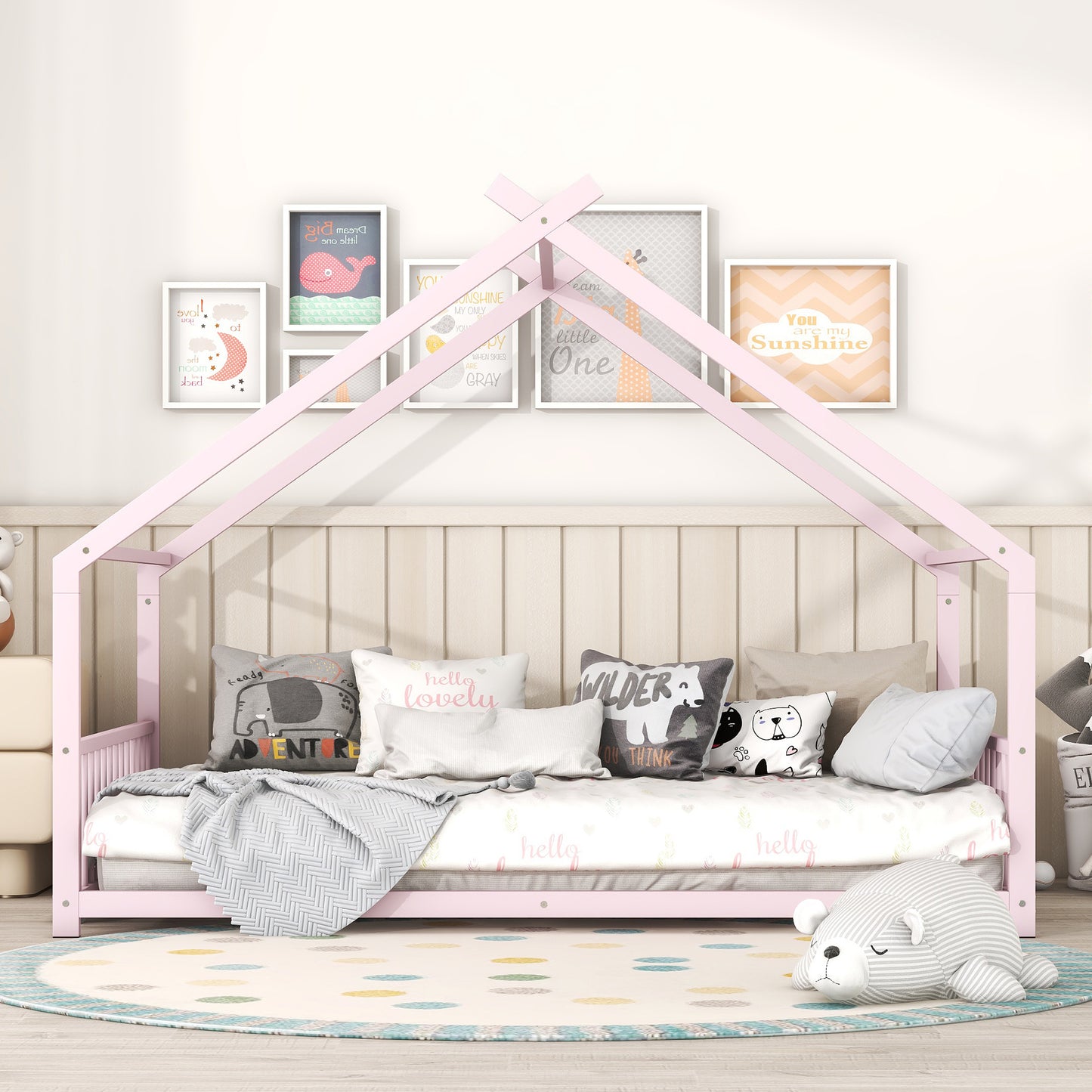 Full Size Metal House Bed, Pink