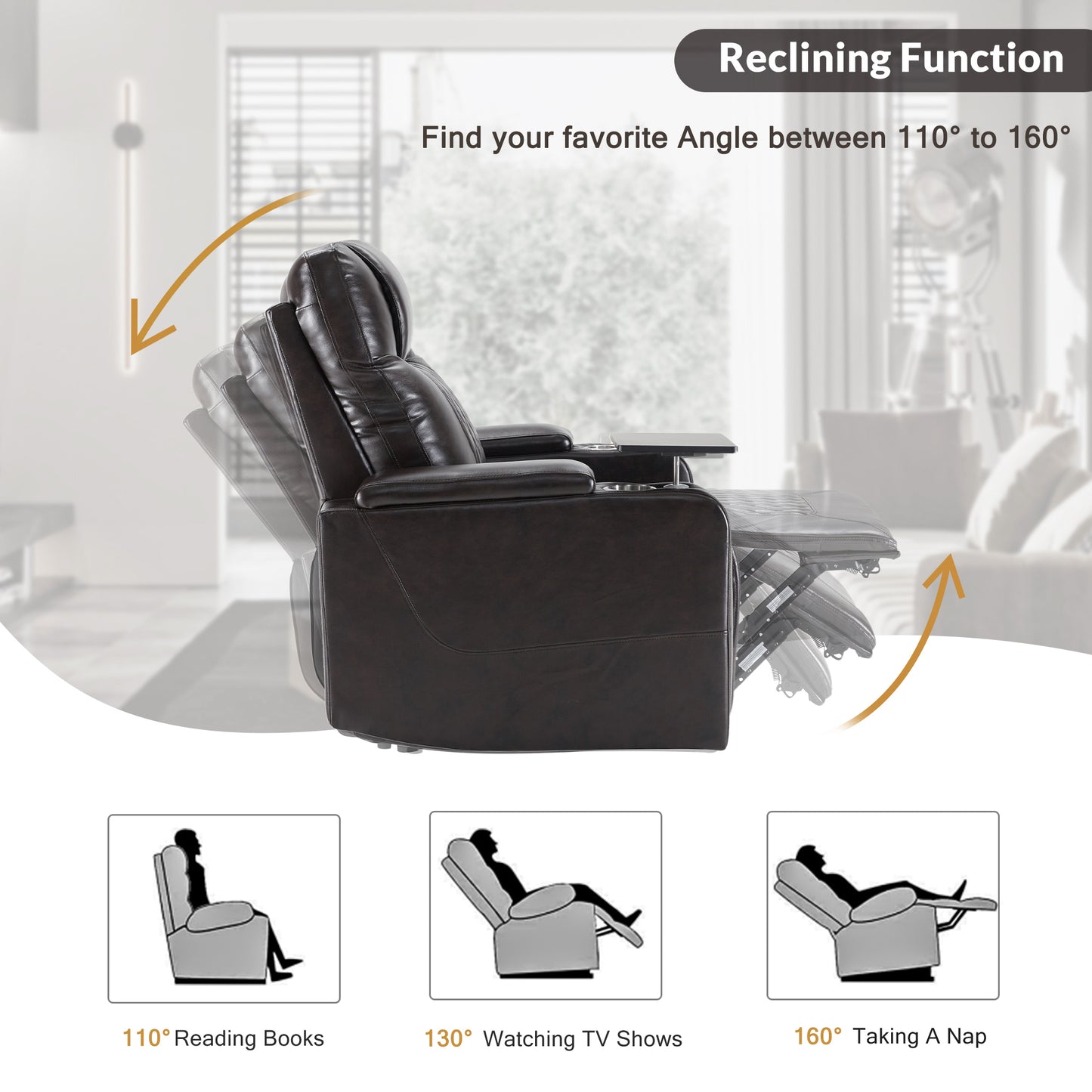 Electric Black Leather Recliner with USB Charger, Swivel Tray, and Hidden Storage