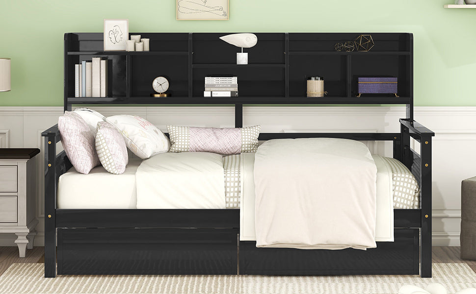 Twin size Daybed, Wood Slat Support, with Bedside Shelves and Two Drawers, Espresso