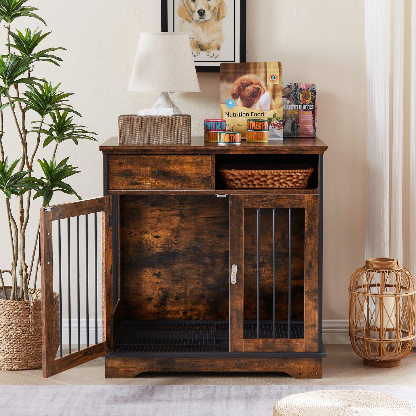 Furniture Dog crate, indoor pet crate end tables, decorative wooden kennels with removable trays. Rustic Brown, 32.3'' W x 22.8'' D x 33.5'' H.