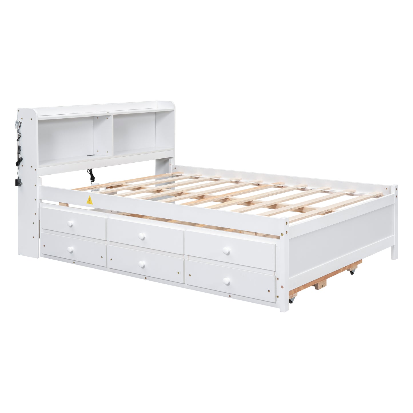 Full Size Bed with USB & Type-C Ports, LED light, Bookcase Headboard, Trundle and 3 Storage Drawers , Full Size Size Bed with  Bookcase Headboard, Trundle and Storage drawers ,White