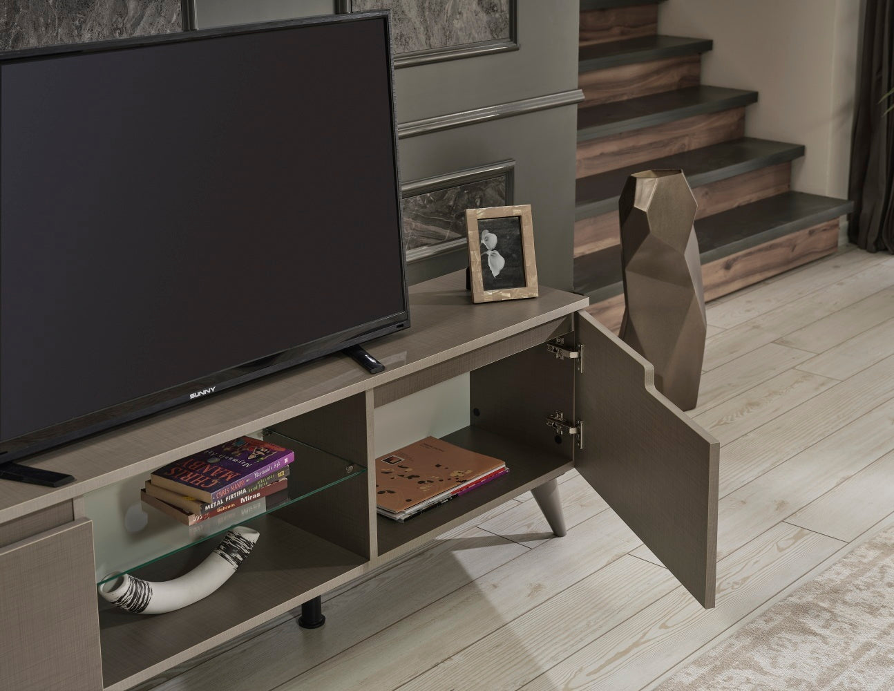 Denver Mid Century Modern TV Stand with 2 Door Cabinets and Glass Shelf - Rich Brown Finish, 66-inch