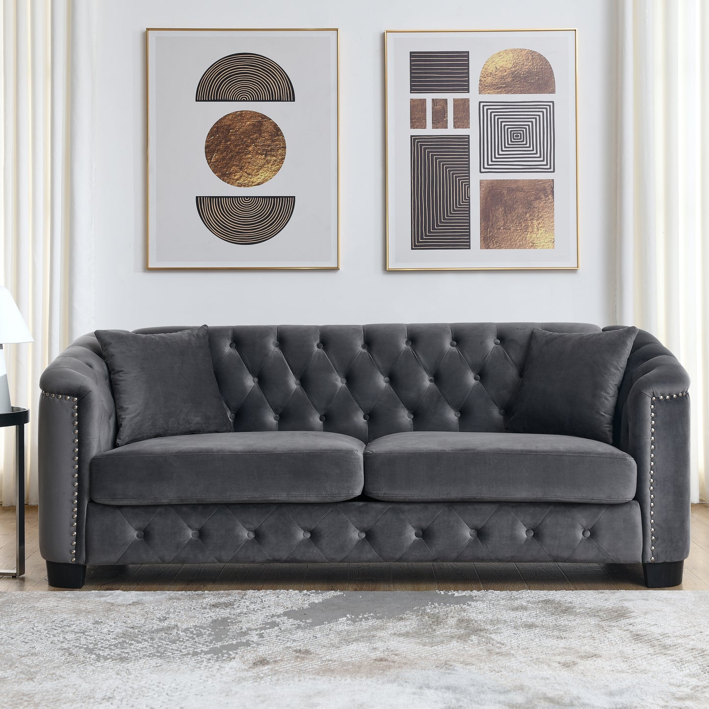 3-Seater Velvet Grey Sofa Set with Pillows