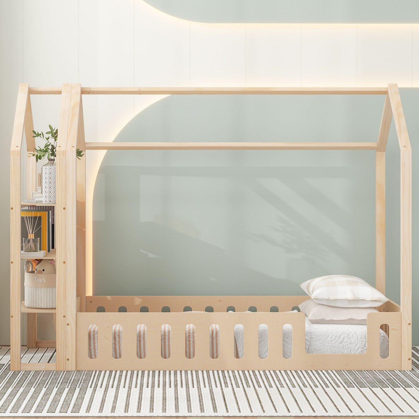 Twin Size Wood House Bed with Fence and Detachable Storage Shelves, Natural (Expected Arrival Time: 1.7)