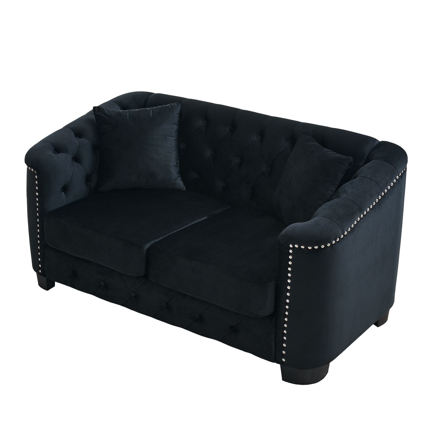 Luxurious Black Velvet Chesterfield Sofa, 2-Seater with Nailhead Arms