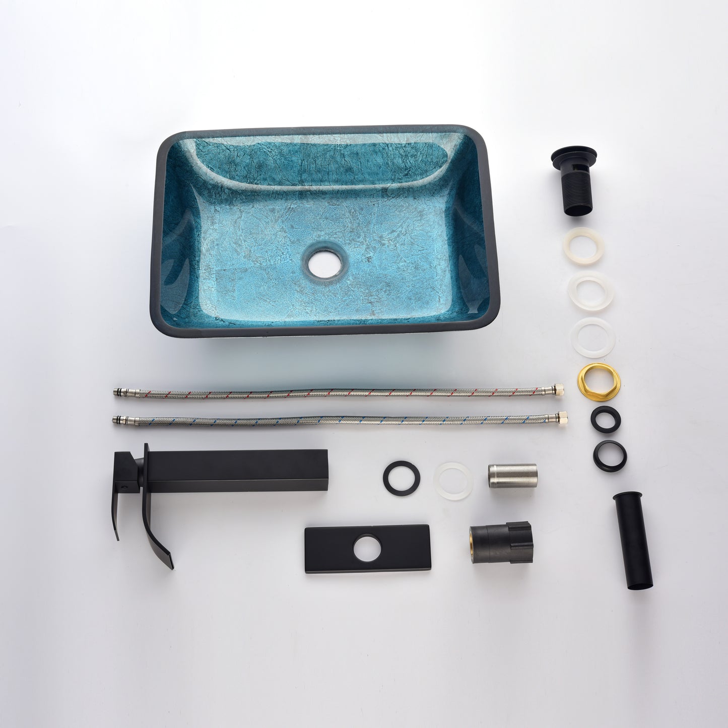 Handcrafted Blue Glass Rectangular Vessel Sink Set with Matte Black Faucet and Pop-Up Drain