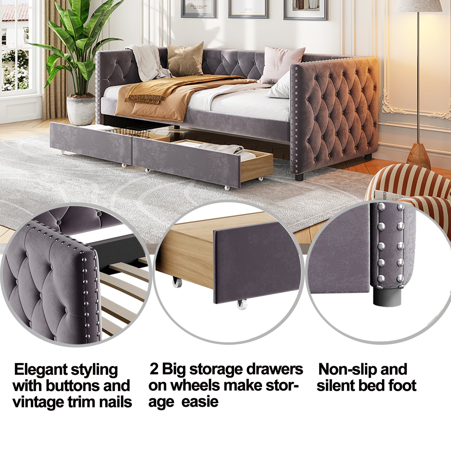 Sofa bed with drawers, modern velvet upholstered sofa bed with button tufted sofa bed frame with double drawers, bedroom living room furniture, Grey(83.47''x42.91''x30.71''')