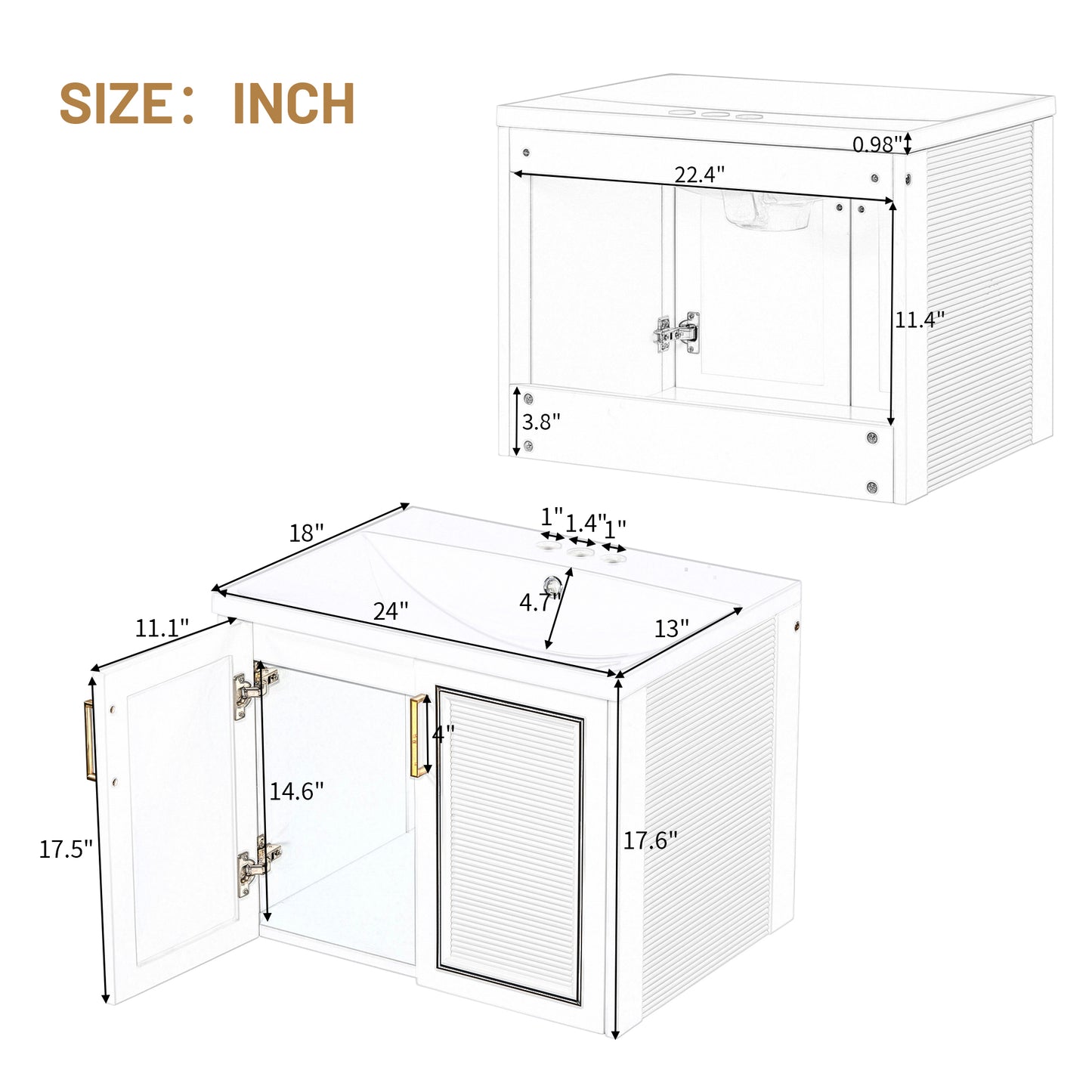 24" Wall Mounted Bathroom Vanity with Ceramic Basin, Two Shutter Doors, Solid Wood & MDF Board, White (One Package)