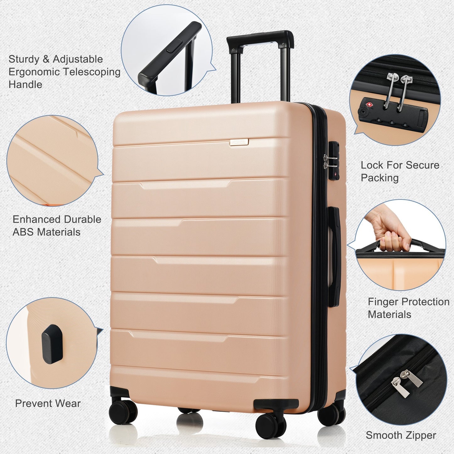 Luggage Sets 3 Piece Suitcase Set 20/24/28,Carry on Luggage Airline Approved,Hard Case with Spinner Wheels,Champagne