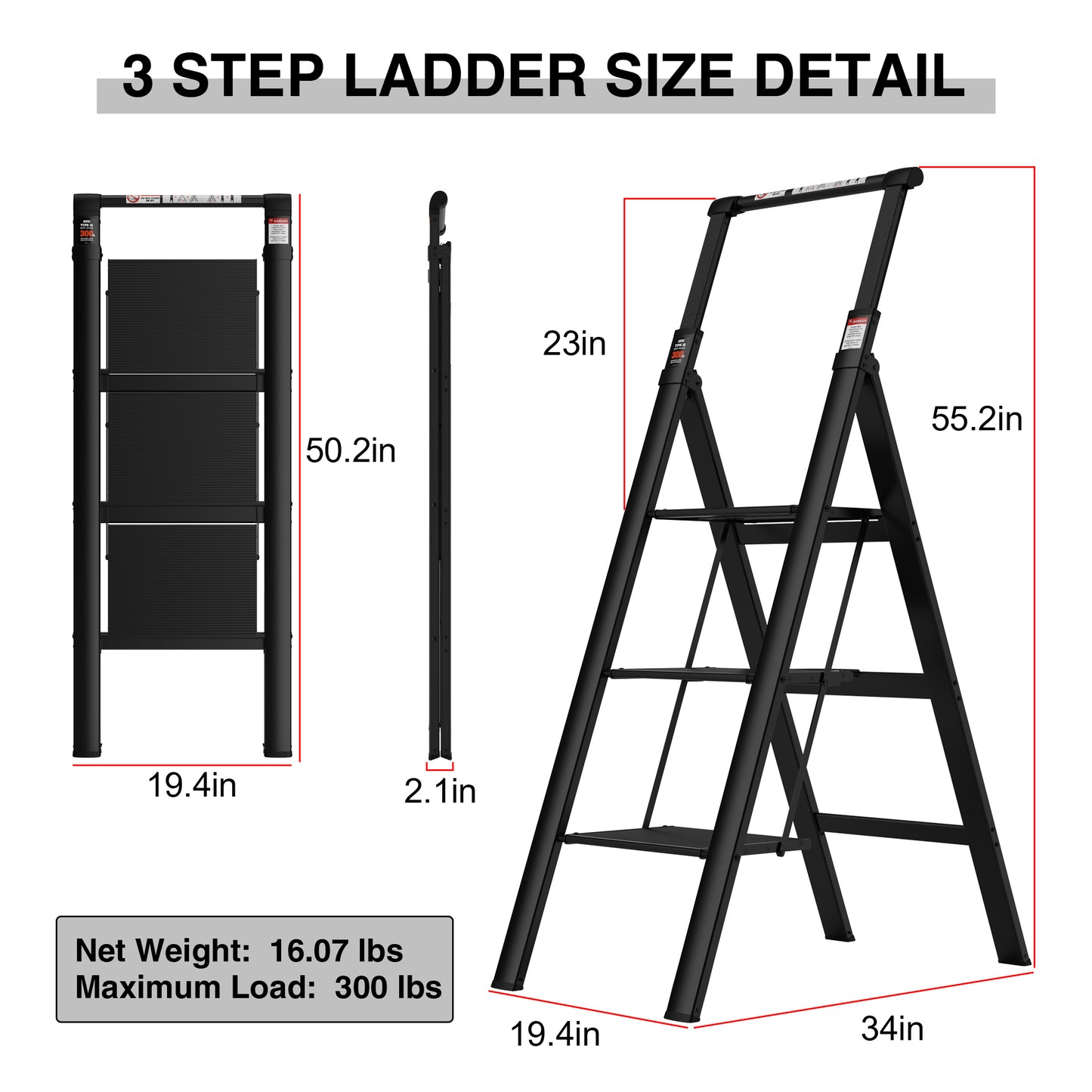 3 Step Ladder, Retractable Handgrip Folding Step Stool with Anti-Slip Wide Pedal, Aluminum Stool Ladders 3 Steps, 300lbs Safety Household Ladder