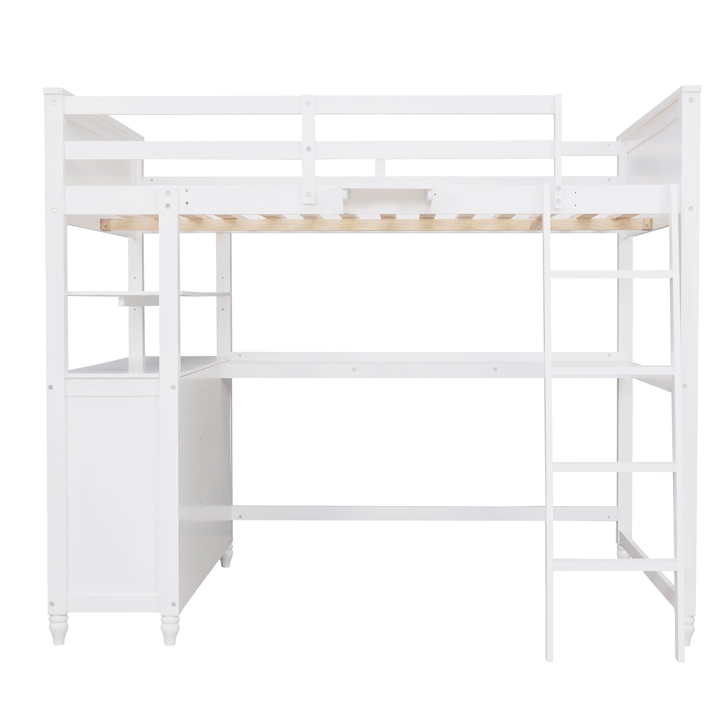 Full size Loft Bed with Drawers and Desk, Wooden Loft Bed with Shelves - White