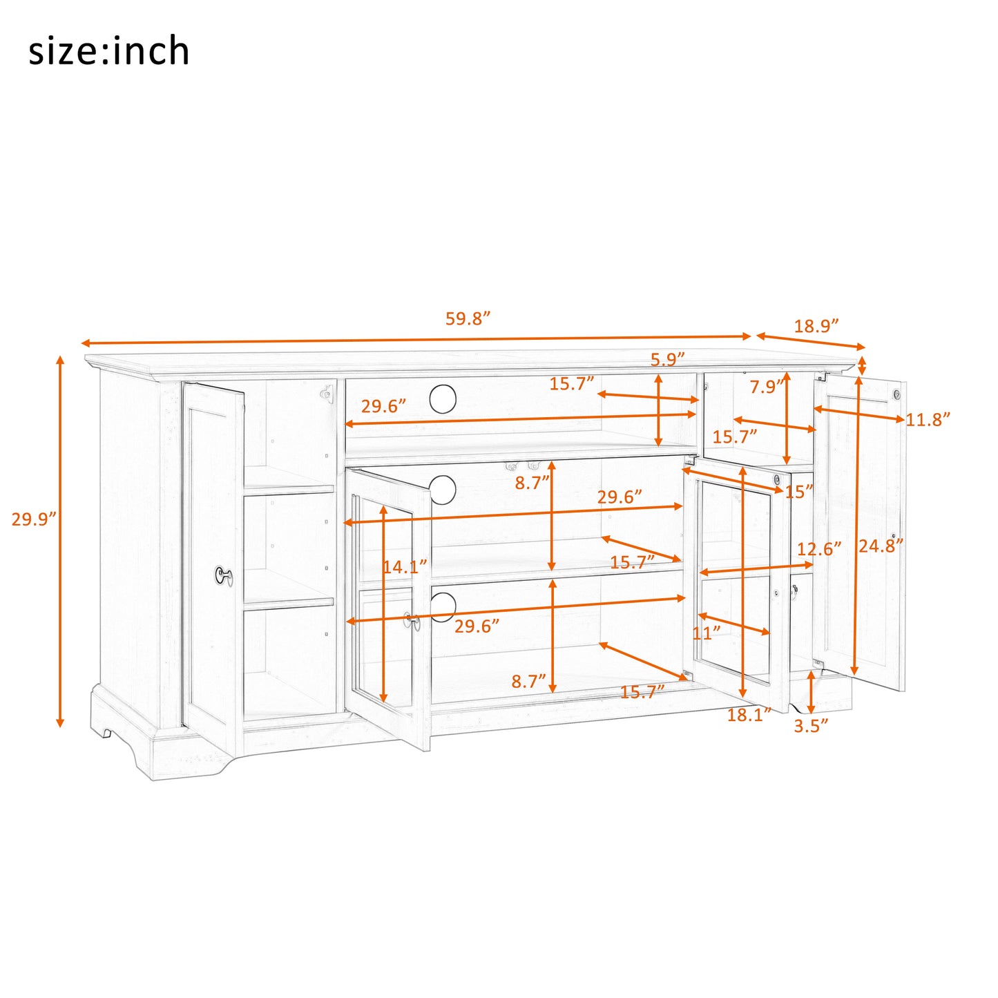 Transitional Highboy TV Stand with Tempered Glass Doors - White