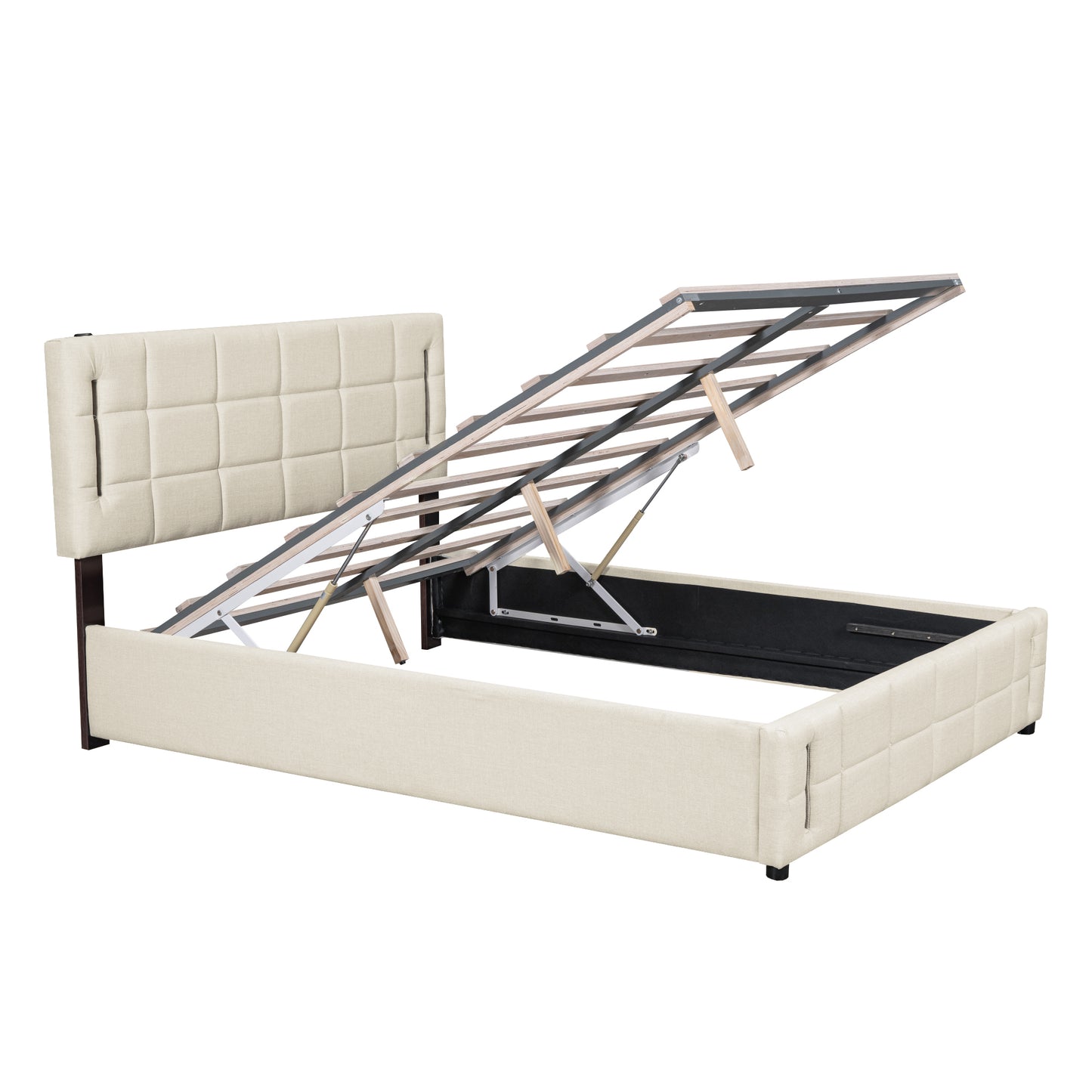 Queen Size Upholstered Bed with Hydraulic Storage System and LED Light, Beige