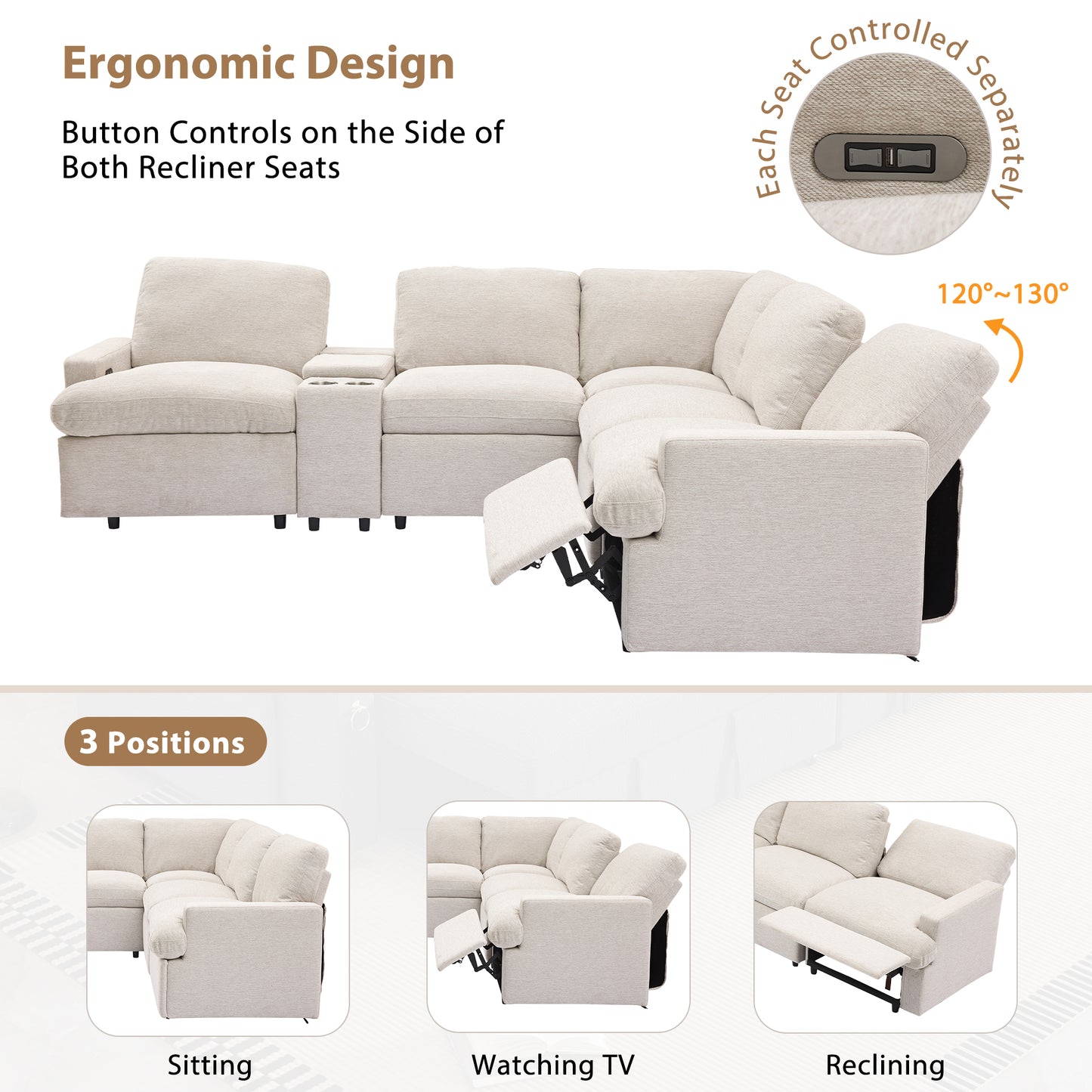 104'' Beige Power Recliner Sectional Sofa with Storage Box, Cup Holders, USB Ports, and Power Socket