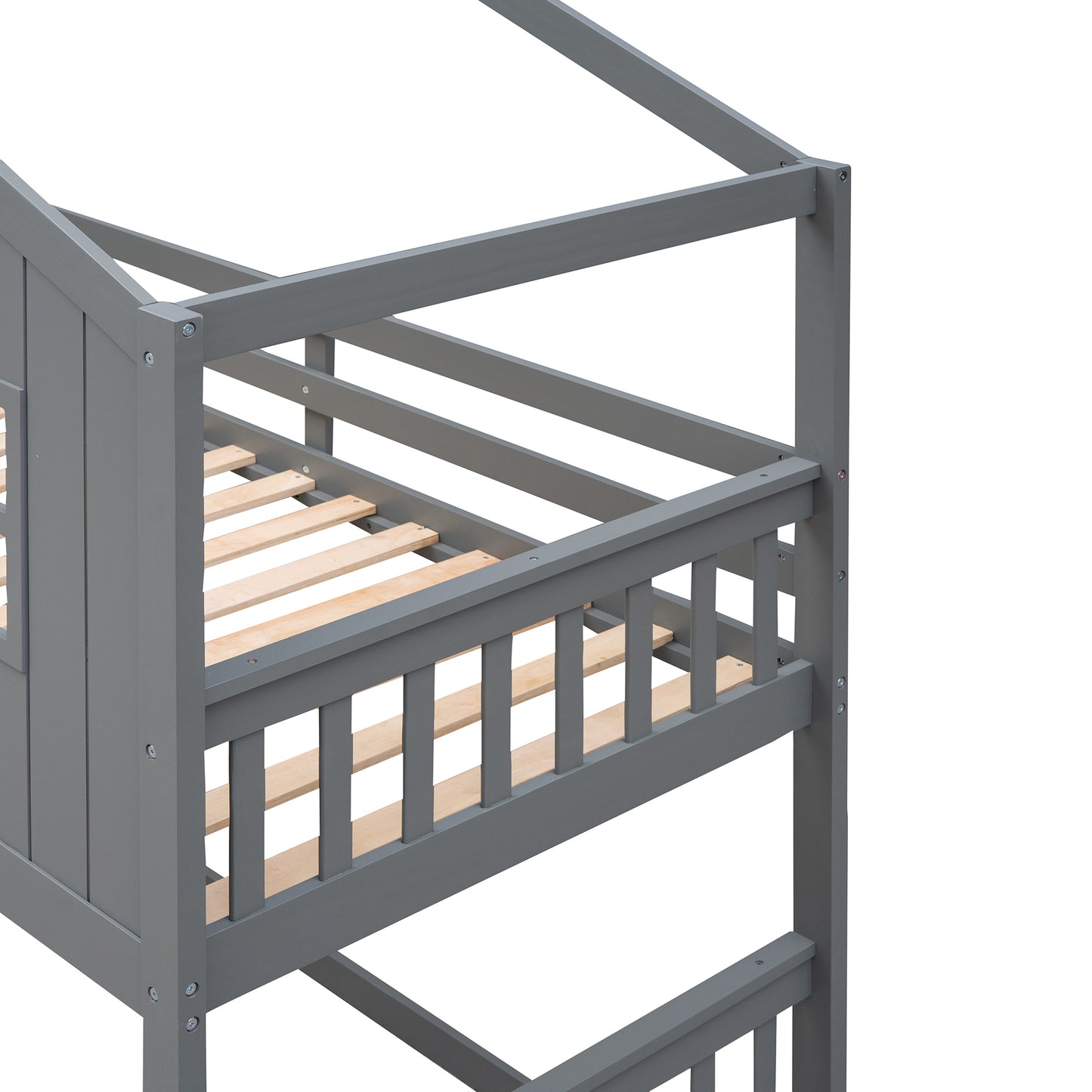 Twin House Bunk Bed with Gray Wood Finish and Ladder