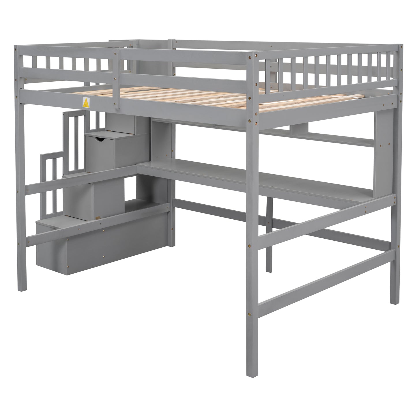 Full Size Loft Bed with Desk, Storage shelves and Staircase,Grey