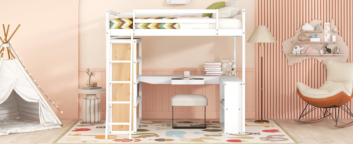 Full Size Loft Bed with Ladder, Shelves, and Desk, White