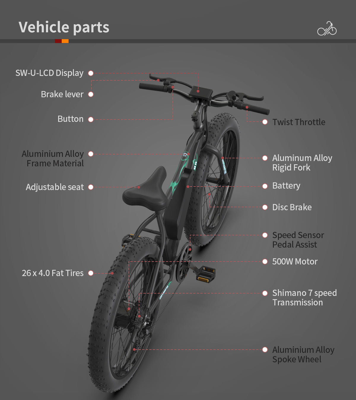 AOSTIRMOTOR 26" 500W Electric Bike Fat Tire P7 36V 12.5AH Removable Lithium Battery for Adults S07-P