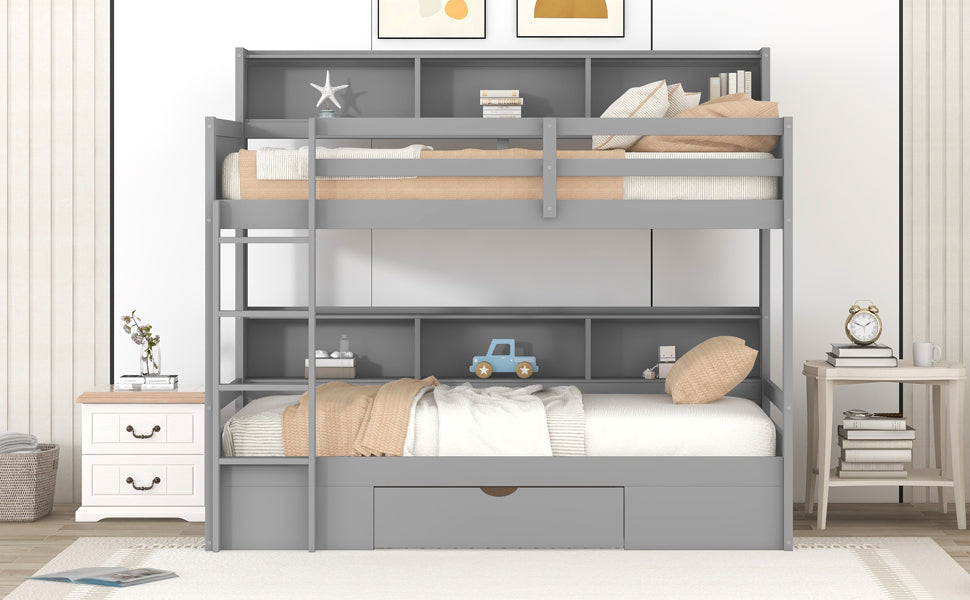 Twin Size Gray Bunk Bed with Storage Drawer and Built-in Shelves