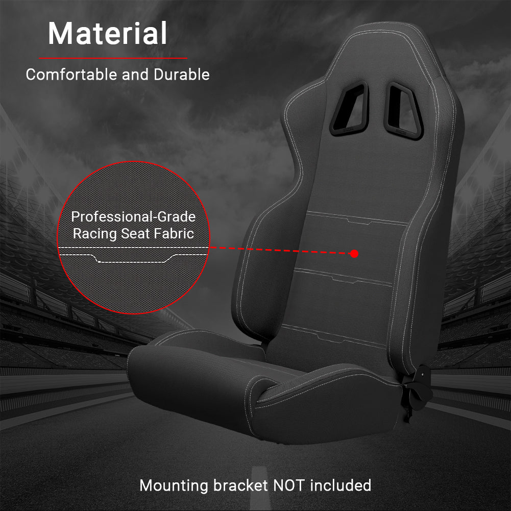 Sporty Reclinable Racing Seats - Pair of White Stripe Fabric Seats