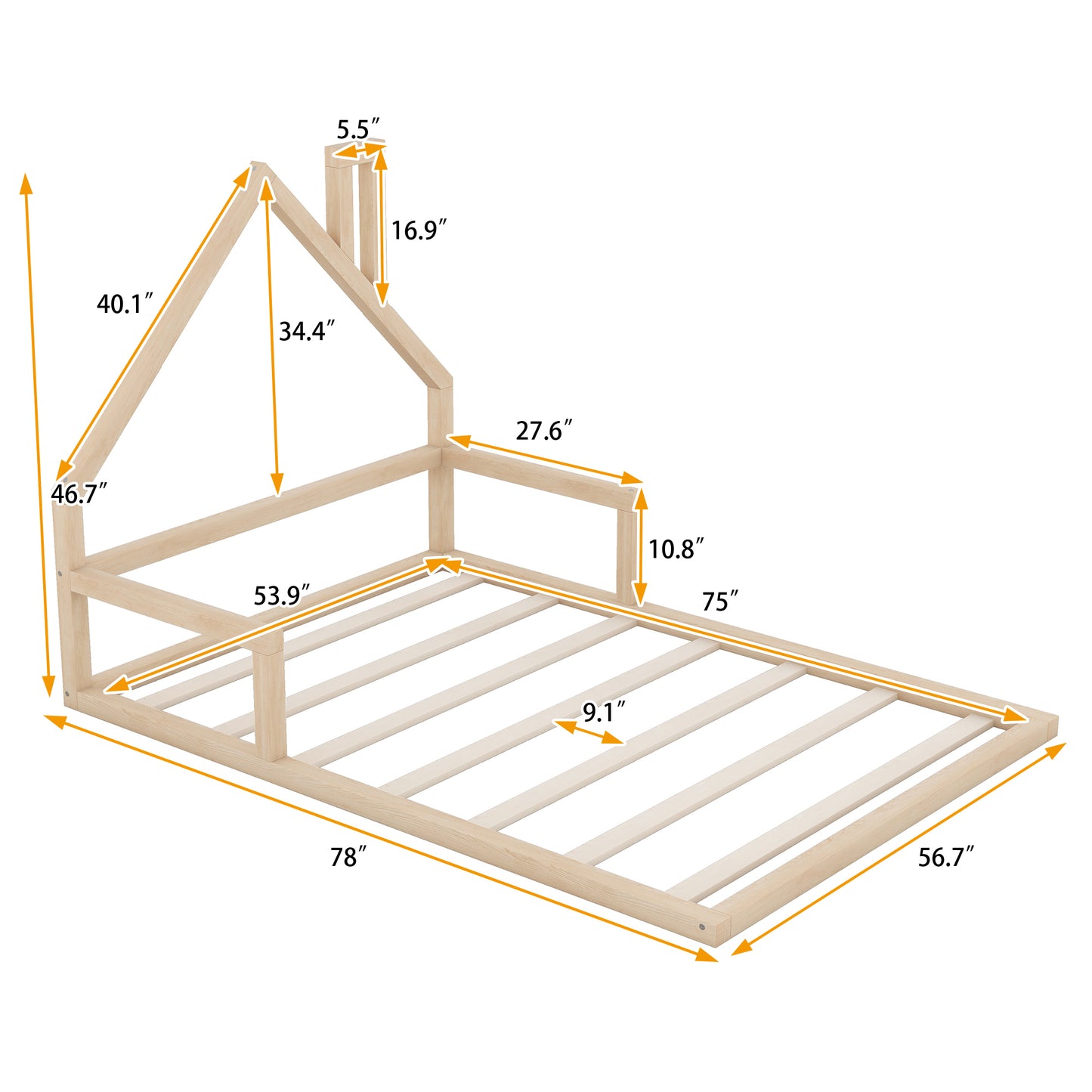 Full Size Wood Floor Bed with House-shaped Headboard, Natural