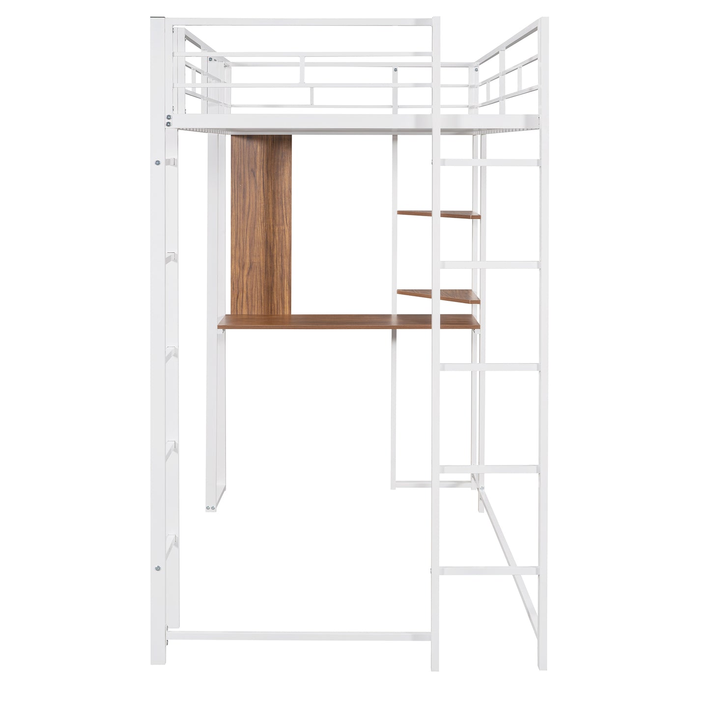 Twin Metal Loft Bed with 2 Shelves and one Desk ,WHITE(: MF281206AAK)