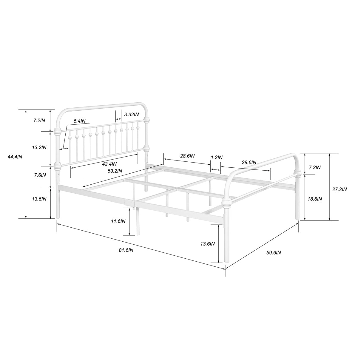 81.6" L X 59.6" W X 44.4"H Metal Bed Frame Full Size Standerd Bed Frame - WHITE