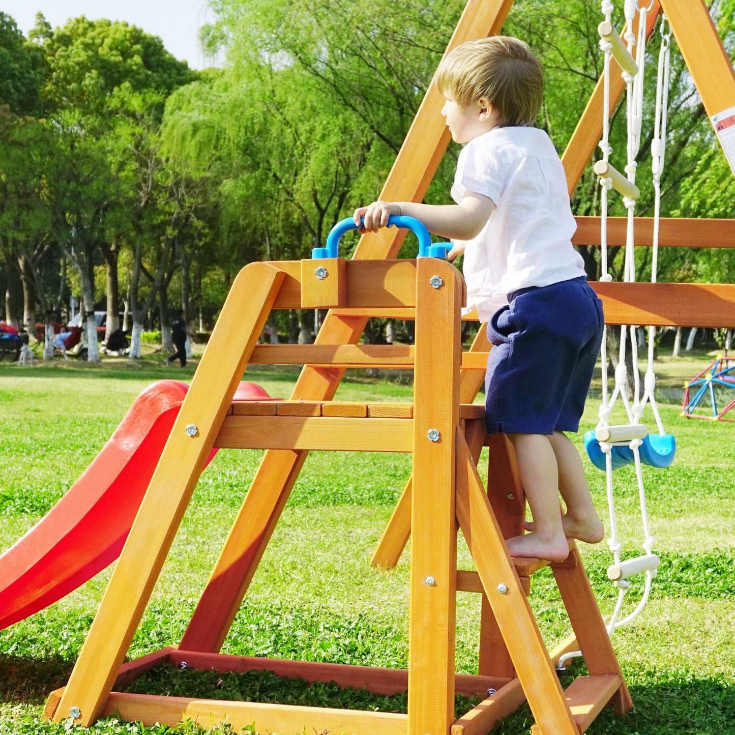 Wooden Outdoor Swing Set with Slide, Climbing Rope Ladder, and Swing for Kids